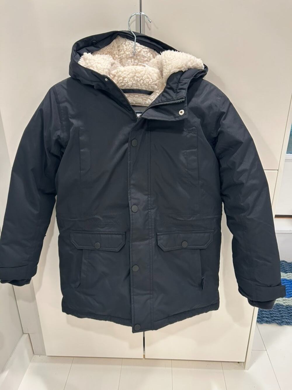 Lands' End Boys Down Parka Jacket Black Sherpa Hood Winter Coat Size L 10-12